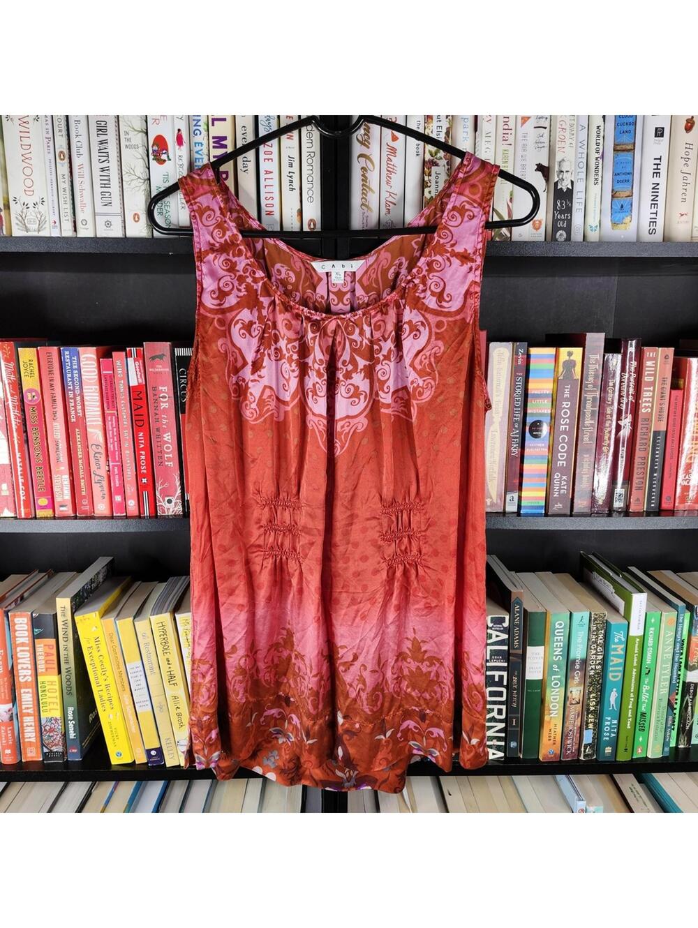 CAbi Red and Pink Sleeveless Silk Blouse XL